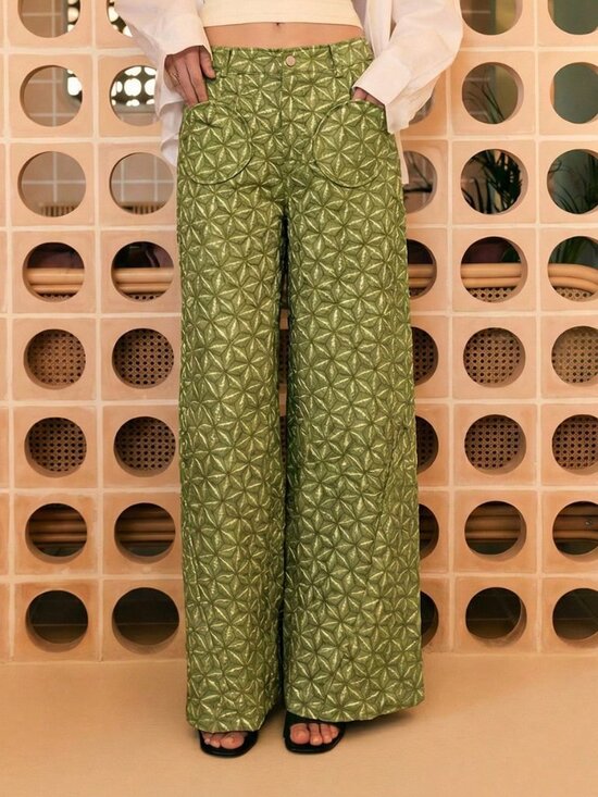 Pants - Green Casual Women's Wide-Leg Pants